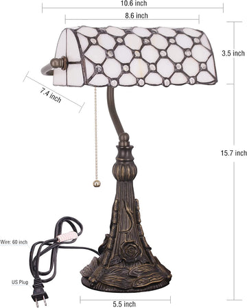 Werfactory® Banker Lamp Tiffany Desk Lamp White Crystal Bead Style Stained Glass Table Lamp